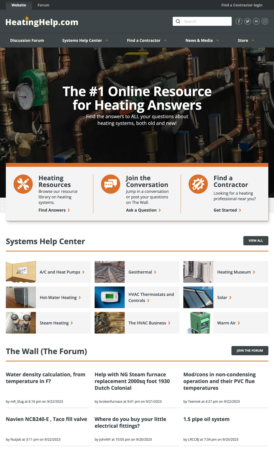 Home page of HeatingHelp with a hero that says The #1 Online Resource for Heating Answers